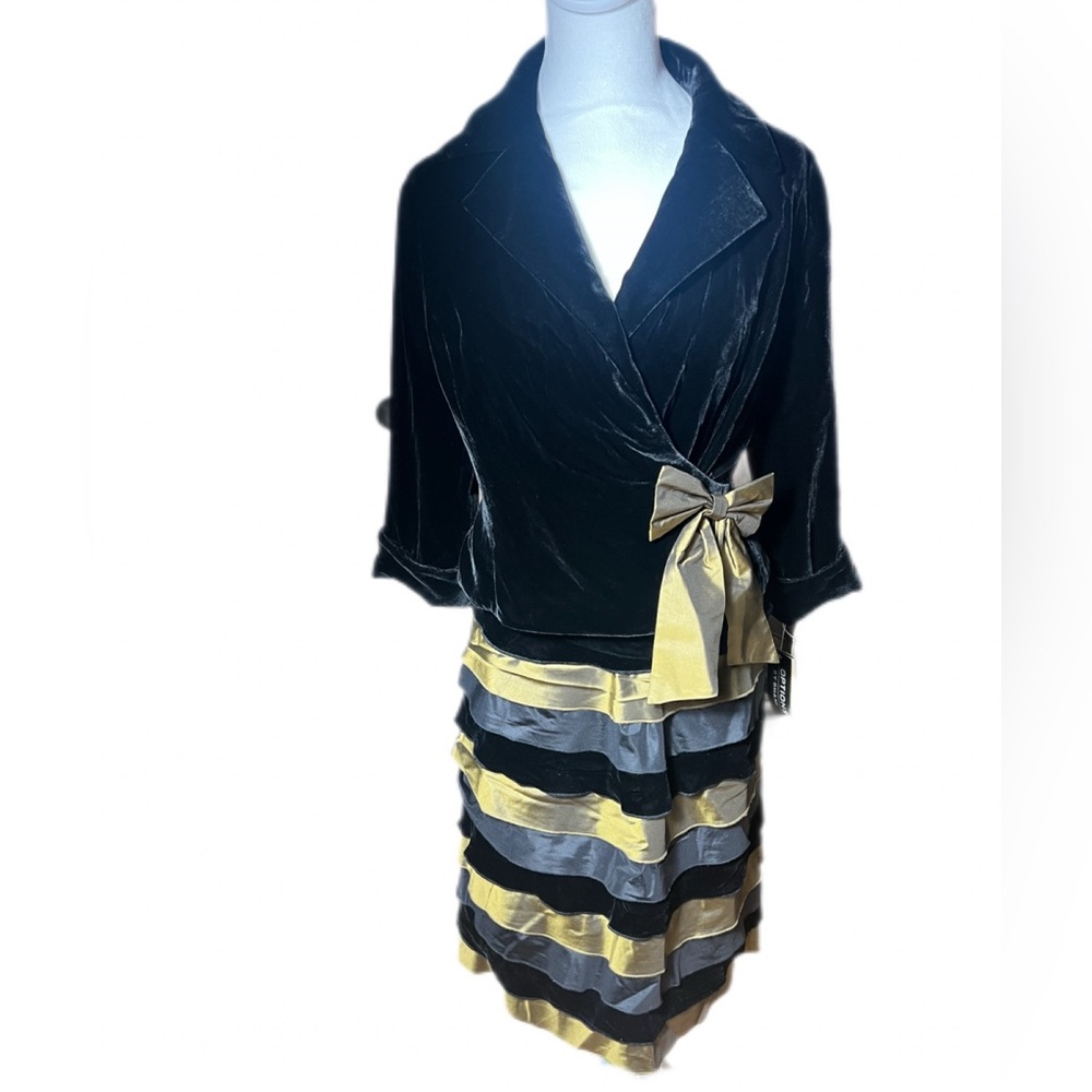NWT VTG Dress Velvet jacket with Bow And Silk Ruffled Tiered Skirt gold/Blk Sz 4